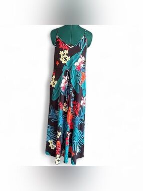 Huskary Tropical Print Black Maxi Dress with Adjustable Tie Waist With Pockets